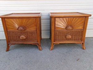 Pair Bamboo Nightstands Rattan Sunburst Sun ray West Indies Regency 2 Tropical