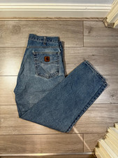 Jeans Carhartt blu denim taglio dritto W35 L32 vintage abbigliamento da lavoro sbiadito invecchiato