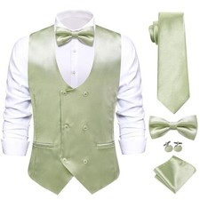 Mens Silk Double-Breasted Suit Vest Tie Pretied Bowtie and XX-Large Sage Green
