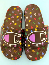 Champion Women s Slide Sandals Logo Print Black/Multicolor Rubber Slip-On 7