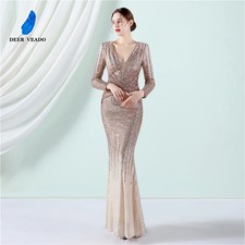 Elegant V-Neck Sequins Evening Dress with Full Sleeves Women Party Long Gown