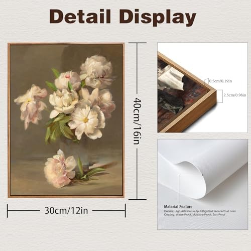 Framed Canvas Painting, 12x16in Vintage Floral Wall Art Print, Pink Peonies - Picture 3 of 8
