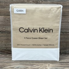 CALVIN KLEIN 4-Piece Queen Sheet Set 300 TC 100 Cotton Sateen Weave Beige NWT