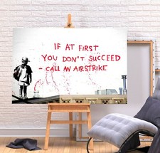 BANKSY CALL AN AIRSTRIKE- DEEP FRAMED CANVAS WALL ART GRAFFITI  PRINT- RED