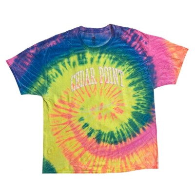 Hanes CEDAR POINT Souvenir Spellout Graphic Rainbow Tie Dye T-Shirt XL