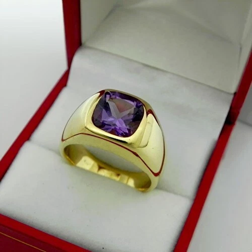 Великолепное кольцо унисекс с имитацией аметиста огранки подушки с покрытием из желтого золота 14 карат - Изображение 2 из 4