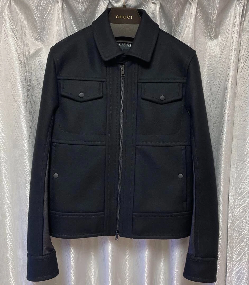 GUCCI Giacca Blouson Pelle di Vacchetta Lana Uomo Taglia 46 Nero dal Giappone Originale