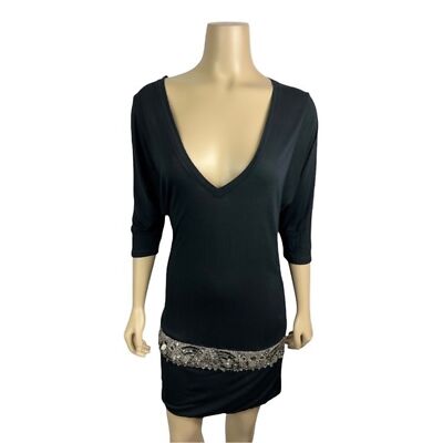 beaded embellished v neck mini dress Windsor Noella Beaded V-Neck Mini Dress in Black | Size: M