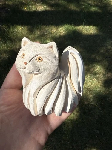 Artesania Rinconada Long Haired White Clay Pottery Cat Figurine Signed Handmade