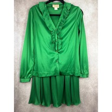 VTG MCM Center Stage Skirt Set Women Medium/14 Green Ruffle Blouse Pleated Midi