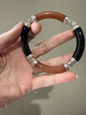 Genuine Root Beer Jade & Onyx 925 Silver Fancy Segment Bangle Bracelet 7.25'