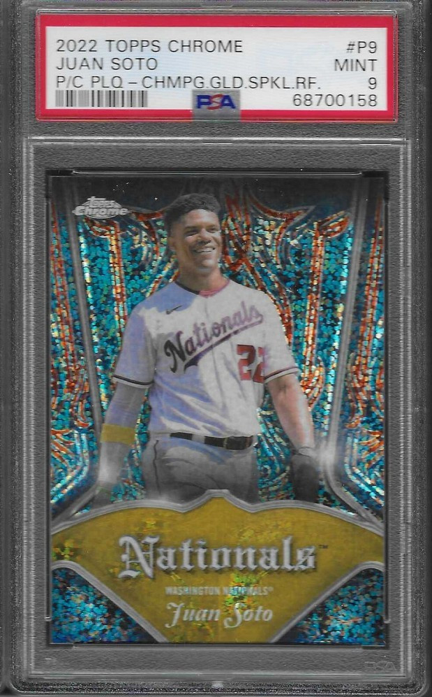 2022 Topps TOPPS CHROME PINSTRIPED/CLUB PLAQUES P/C PLQ-CHMPG.GLD.SPKL.RF. #P9 Juan Soto front