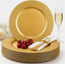 50pc Gold Leaf Charger Plates 13in Round Plastic Glossy Reusable Recyclable