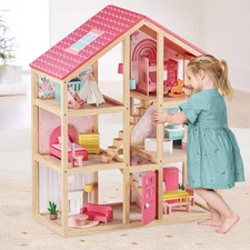 Tiny Land Wooden Dollhouse for Girls, 6 Rooms with 31 Pcs Furniture, DIY Gift Ag