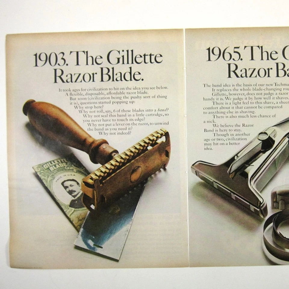 Hoja de afeitar Gillette banda de afeitar impresión anuncio historia 1903 a 1965 evolución del afeitado Foto 2 de 2
