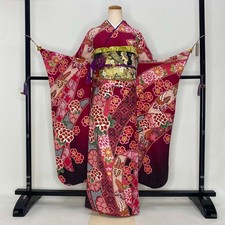Furisode 5-piece set Japanese Kimono Red Classic floral Free shipping S-180