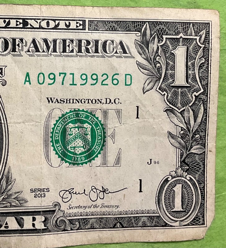 9-7-1992 birthday or anniversary note. $1 bill. cut off center? Circulated.