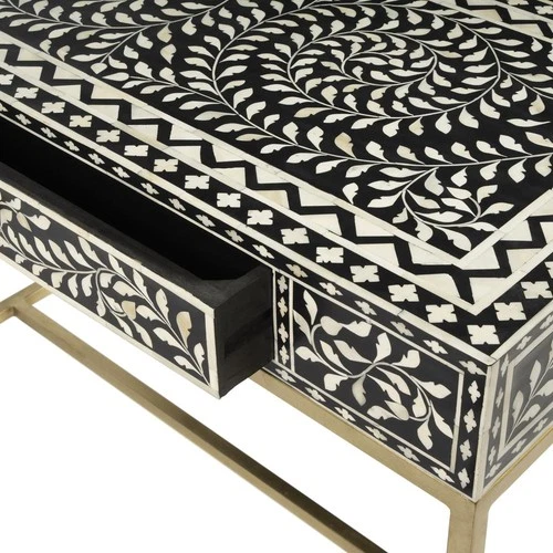 Perilla  Bone Inlay Writing Desk, Black and White, Gold - Picture 9 of 12