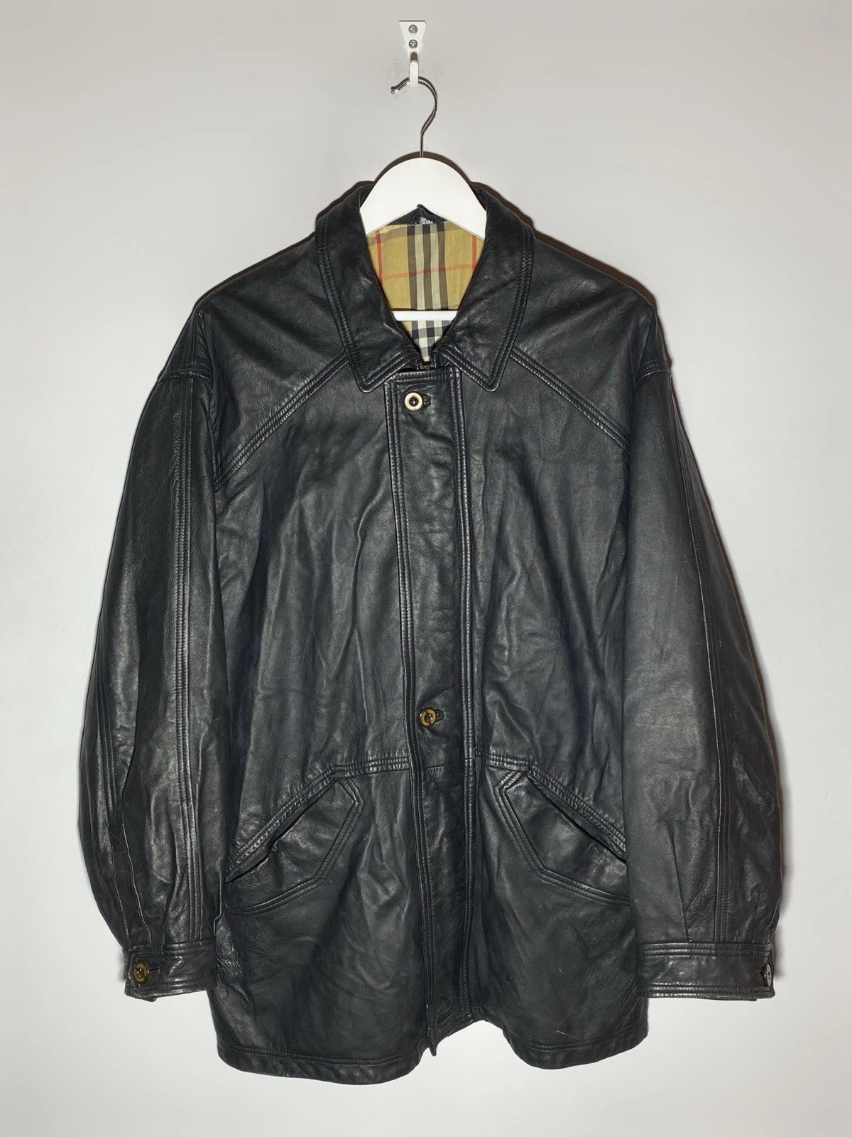 Burberrys Leaher Jacket Vintage 90s Black Opium Collared Check Lining Size 50