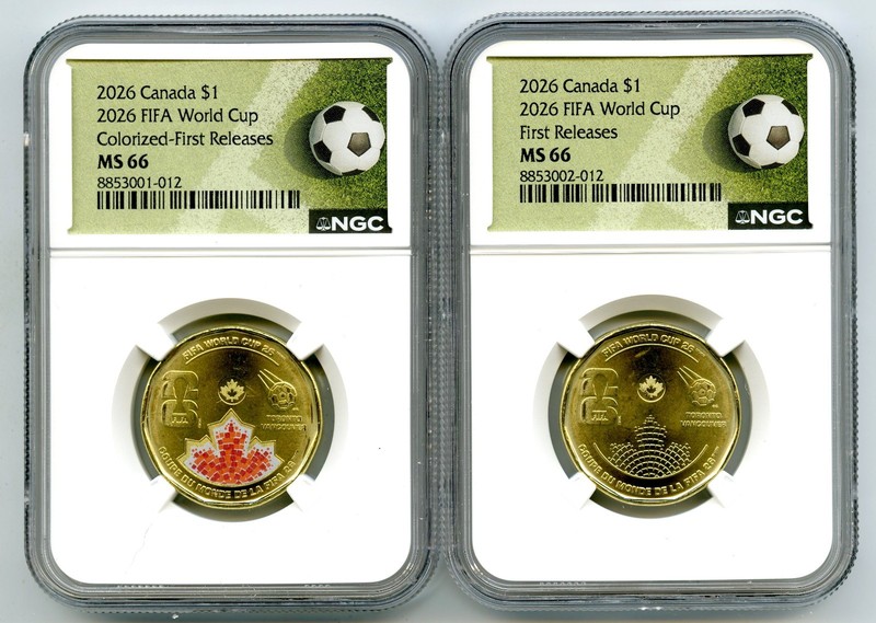 2026 $1 CANADA NGC MS66 FIFA WORLD CUP LOON LOONIE DOLLAR MATCHED 2-COIN SET FR