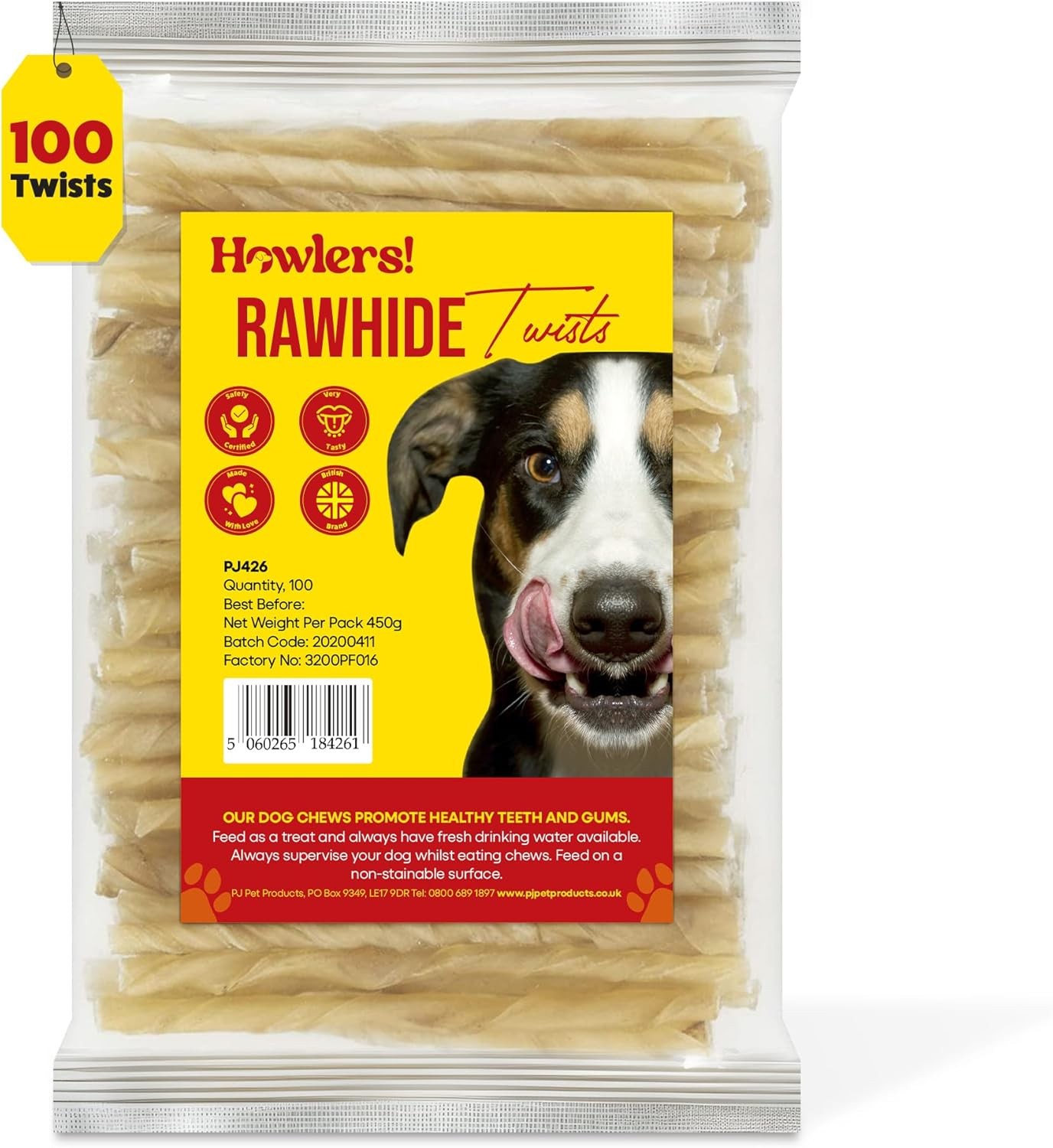 Howlers Natural Rawhide Dog Chews Treats Sticks Twists 13cm Pack of 100
