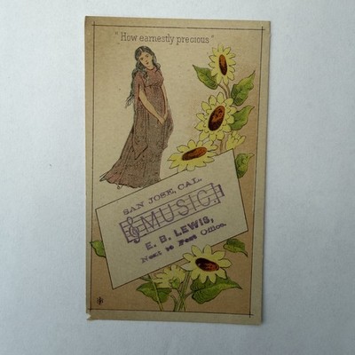 EB Lewis San Jose CA Music Store Trade Card Woman Sunflowers Aesthetic
