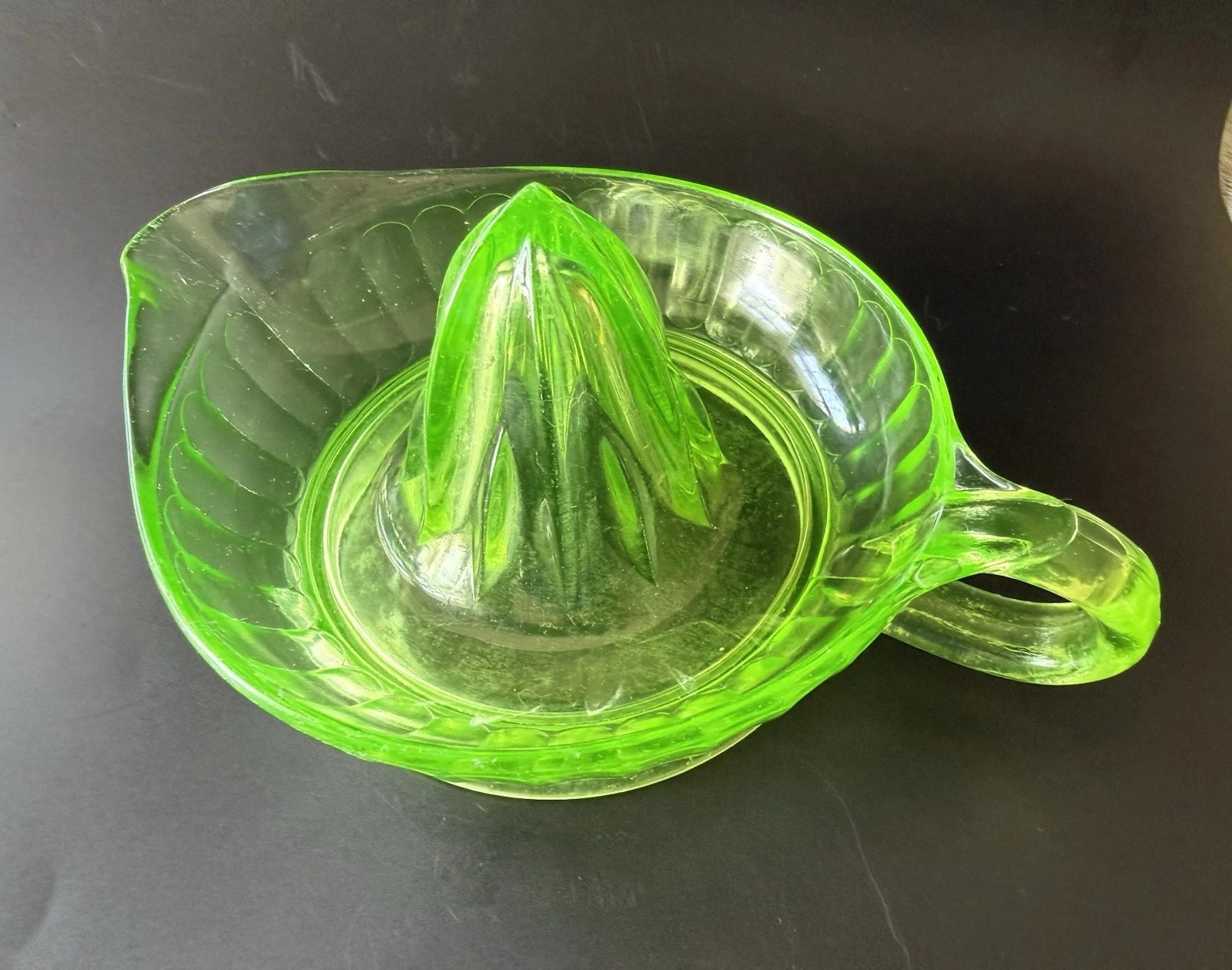 Large Uranium Glass Ribbed Glass Citrus Juicer: Vintage Reamer w/ Spout & Handle
