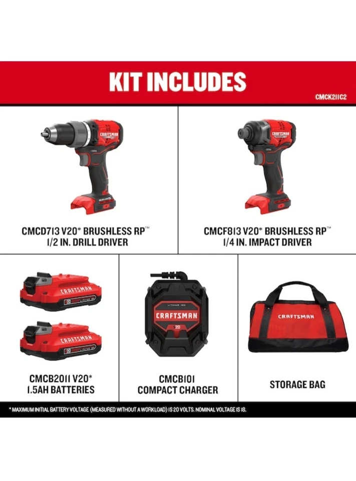CRAFTSMAN V20 Brushless Cordless 2-Tool Kit w/2 Batteries & Charger (CMCK211C2) - Image 2 of 4