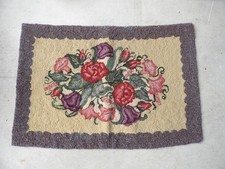 Vtg Floral Wool Hand Hooked Rug Lavender Pink Roses Victorian 34"x23"