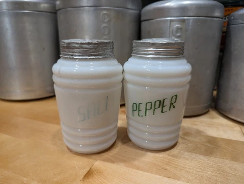 Vintage Hazel Atlas Milk Glass Beehive Salt and Pepper Shakers Green Lettering