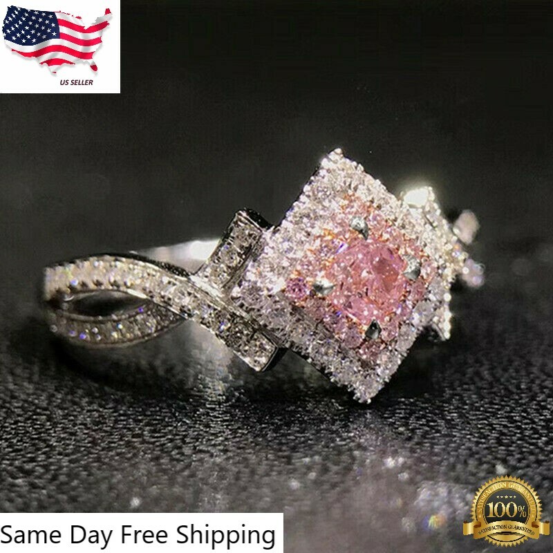 Gorgeous Women Wedding Jewelry Pink Simulated zircon Silver Plated Ring 6-10