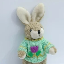 Vintage HugFun 1999 Plush Bunny Rabbit 10" Doll Flower Knitted Teal Sweater 