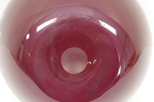 Charles Lotton Multi Flora 5"x7" Art Glass Vase Signed 1990 Purple Maroon Round - Picture 5 of 5