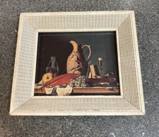 Mid Century Etched Textured Wood Photo Frame Still Life Lithograph MCM 5x6 Glass