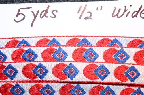 Vtg 5yds x 1/2" Jacquard Woven Geometric Ribbon Embroidered TRIM Red,White/Blue - Picture 11 of 11