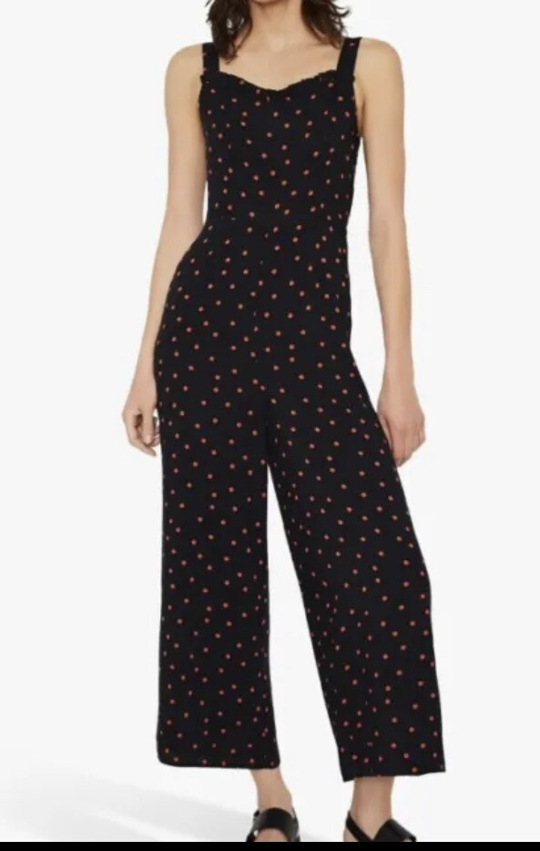 New Warehouse Black Red Spot Ruffle Jumpsuit Tie Back Size UK