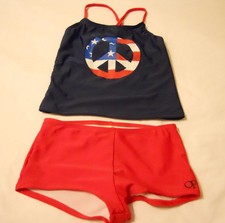 2-Piece Op Kid Girl Swim Suit Tankini Set Swimwear XS 4-5 Red Blue Peace UPF 50 