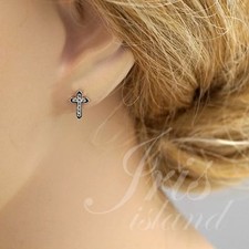 Cubic Zirconia 925 Sterling Silver Cross Stud Earrings With Micro Pave 02945