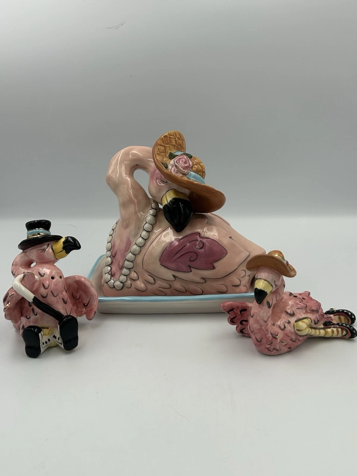 Blue Sky Clayworks Flamingo Butter Dish and Salt and Pepper Shakers