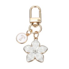Cute Flower Keychain Letter-T Initial Keychain Charm for Women White