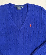 Ralph Lauren Polo Lapis Blue Cable Knit Sweater Womens Large V-Neck Preppy