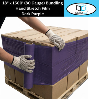 1 Roll 18'' x 1500' 80 Gauge Cast Bundling Hand Stretch Wrap Film Dark Purple