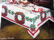 Festive Wreath Christmas Holiday 60x84 Fabric Tablecloth with 8 Cloth Napkins