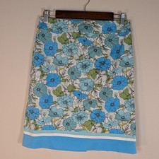 Talbots Petites Blue Floral Cotton Blend Pencil Skirt Size 6P Striped Hem