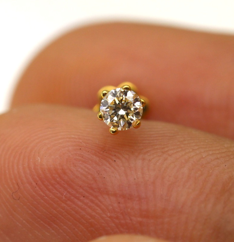 Beautiful Round Natural Diamond Solitaire Nose Pin Solid In 14k Yellow Gold #027