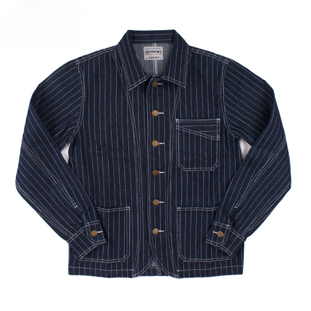 Vintage Striped Denim Jacket Men's Cargo Jacket Railroad Motorcycle Casual Coats