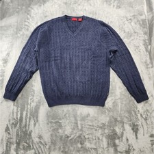 Vintage IZOD Sweater Mens L Blue Cable Knit V-Neck Pullover Cotton Preppy Office