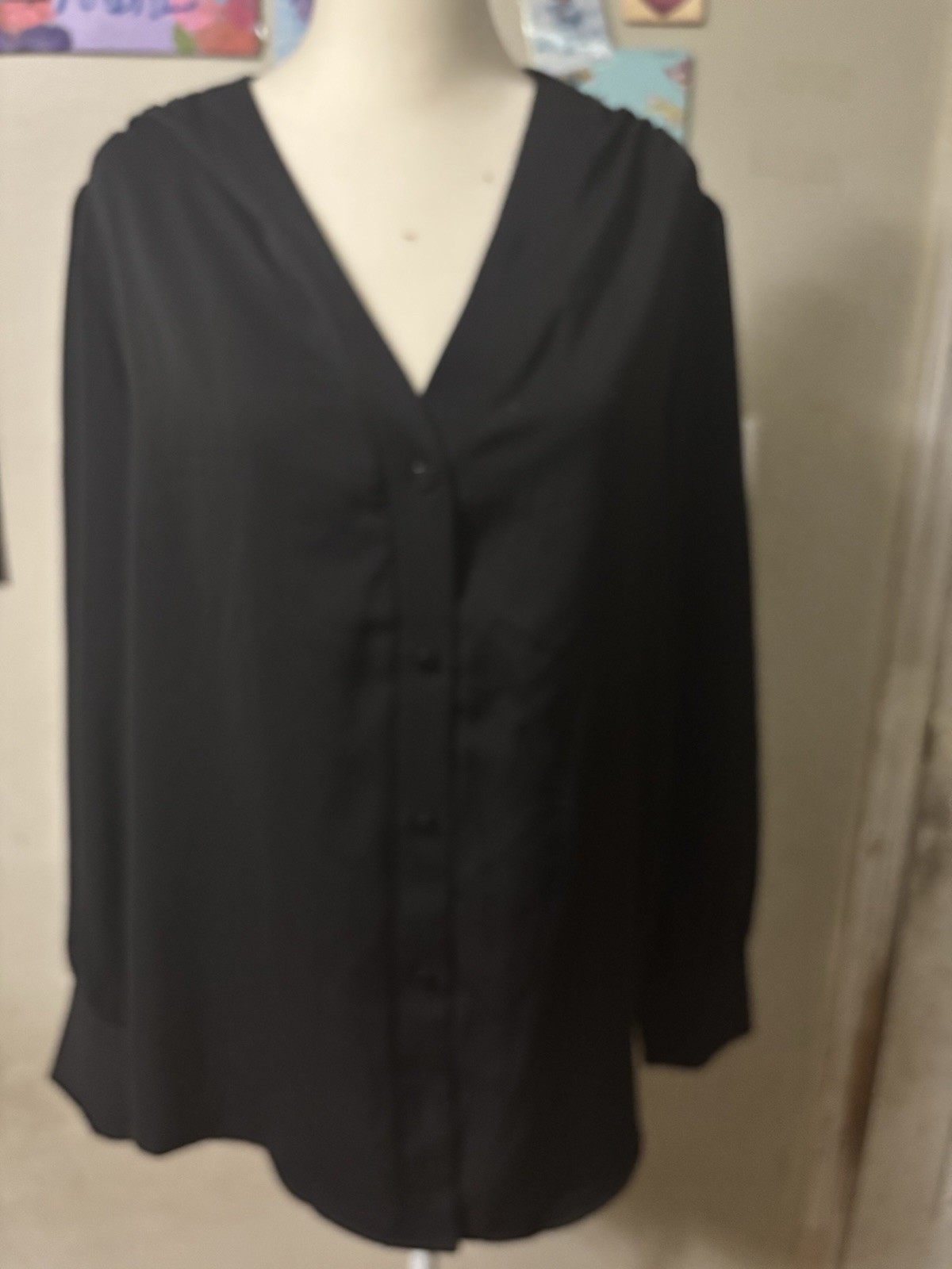 Black Long Sleeve V-Neck Button Blouse for Women Casual Solid