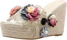 Gr37 Sommer High Heels Keilabsatz Mules mit Blumen Süße Plateau Pantoffeln Wedge