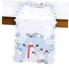 Christmas Table Runner 90 inches Long Snowman Snowflake Blue 13 88IN White